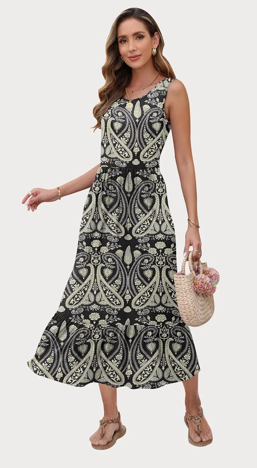 AUSELILY Womens Summer Dresses 2025 Sleeveless Maxi Dress Crewneck Casual Flowy Tiered Sundresses with Pockets