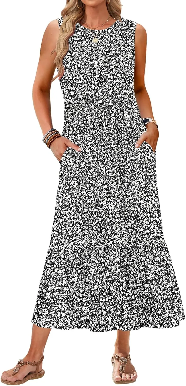 AUSELILY Womens Summer Dresses 2025 Sleeveless Maxi Dress Crewneck Casual Flowy Tiered Sundresses with Pockets