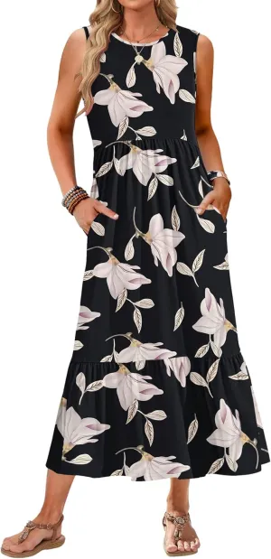 AUSELILY Womens Summer Dresses 2025 Sleeveless Maxi Dress Crewneck Casual Flowy Tiered Sundresses with Pockets