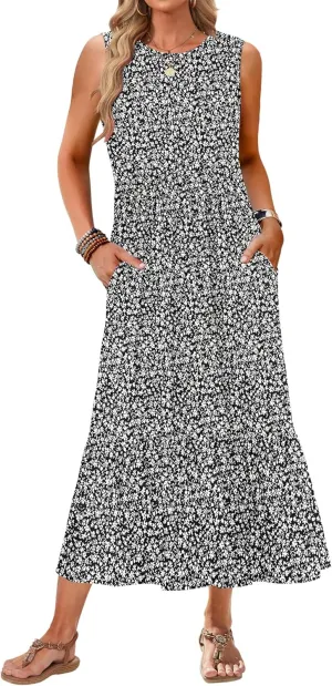 AUSELILY Womens Summer Dresses 2025 Sleeveless Maxi Dress Crewneck Casual Flowy Tiered Sundresses with Pockets