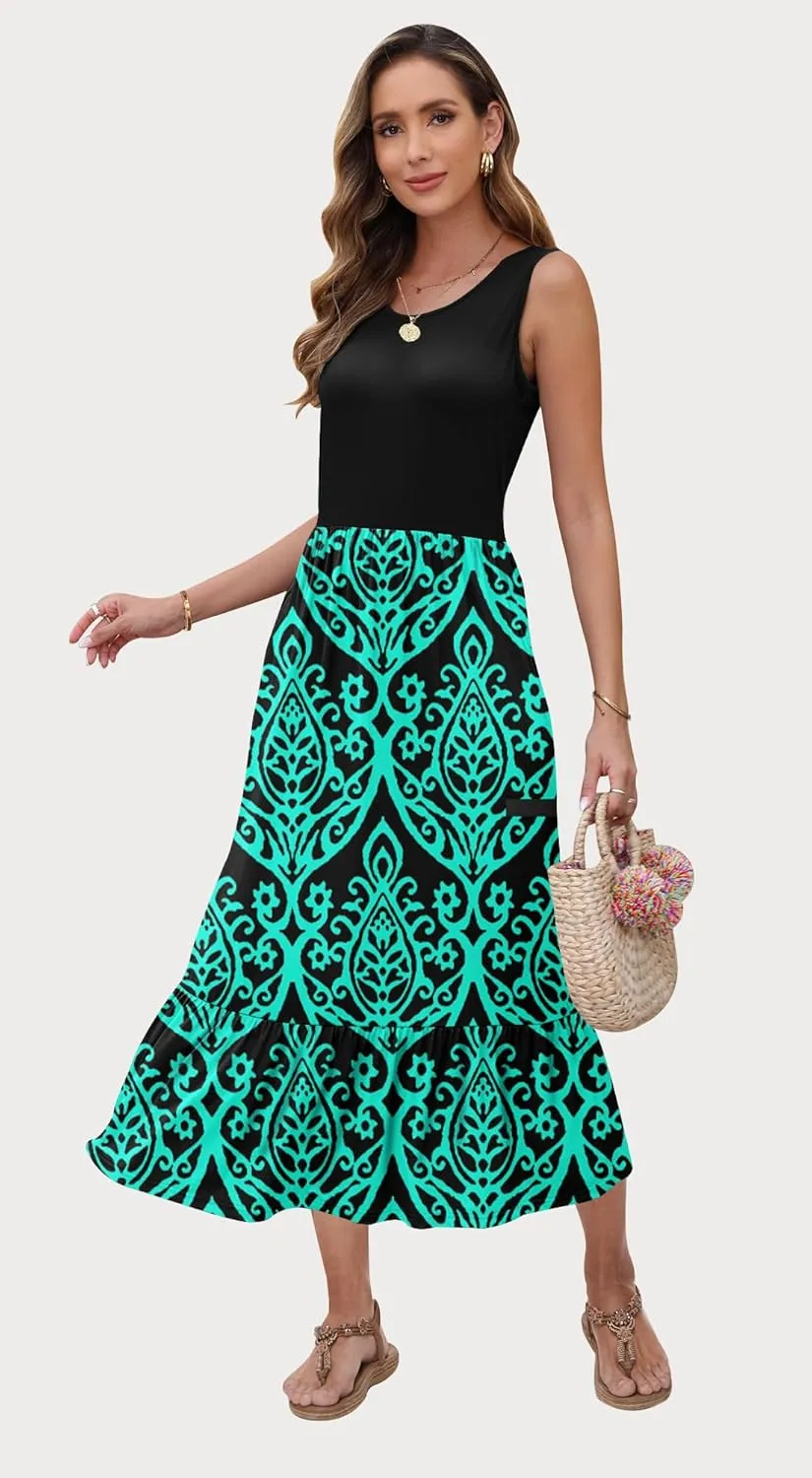 AUSELILY Womens Summer Dresses 2025 Sleeveless Maxi Dress Crewneck Casual Flowy Tiered Sundresses with Pockets
