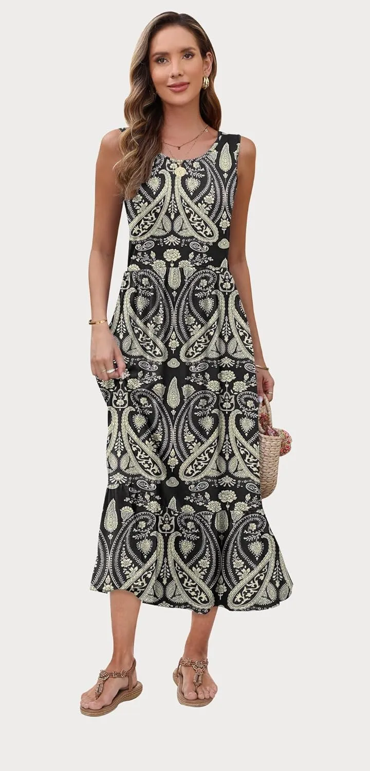 AUSELILY Womens Summer Dresses 2025 Sleeveless Maxi Dress Crewneck Casual Flowy Tiered Sundresses with Pockets