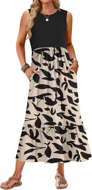 AUSELILY Womens Summer Dresses 2025 Sleeveless Maxi Dress Crewneck Casual Flowy Tiered Sundresses with Pockets