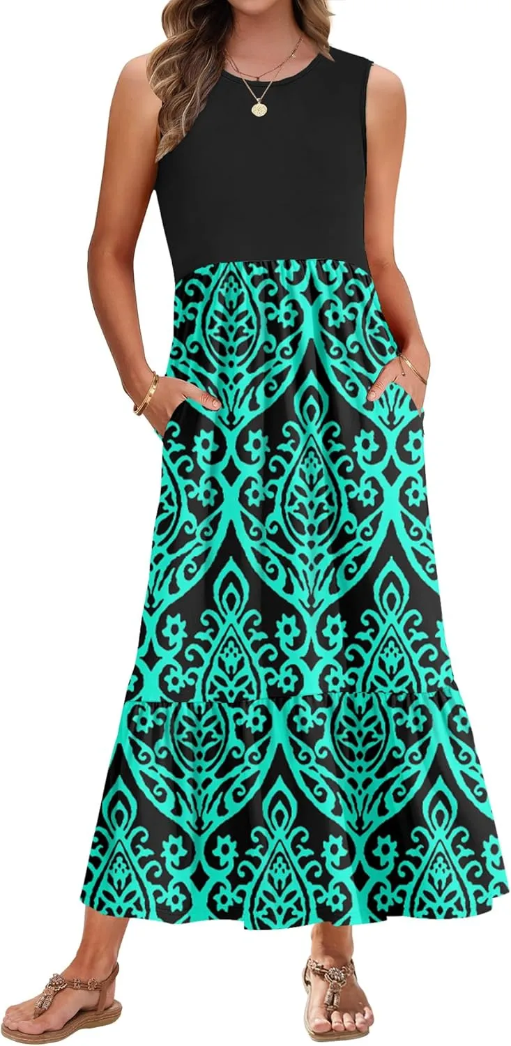 AUSELILY Womens Summer Dresses 2025 Sleeveless Maxi Dress Crewneck Casual Flowy Tiered Sundresses with Pockets