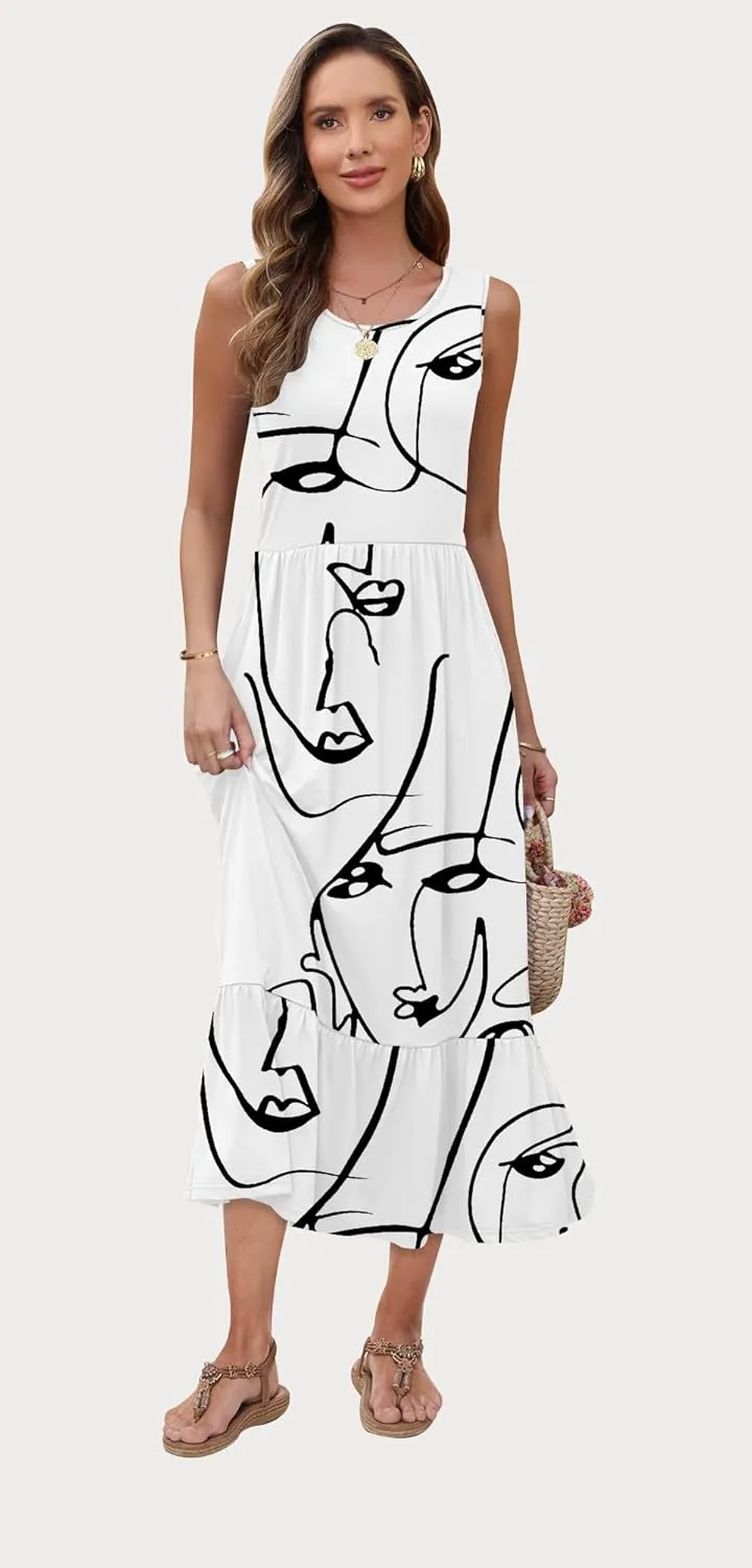AUSELILY Womens Summer Dresses 2025 Sleeveless Maxi Dress Crewneck Casual Flowy Tiered Sundresses with Pockets