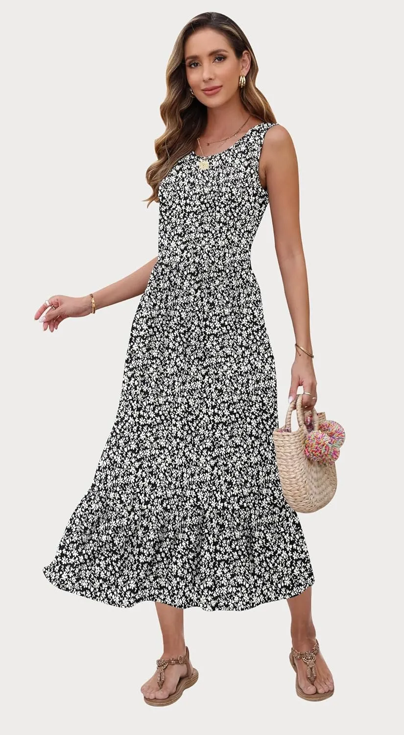 AUSELILY Womens Summer Dresses 2025 Sleeveless Maxi Dress Crewneck Casual Flowy Tiered Sundresses with Pockets