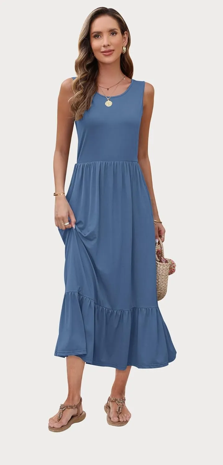 AUSELILY Womens Summer Dresses 2025 Sleeveless Maxi Dress Crewneck Casual Flowy Tiered Sundresses with Pockets