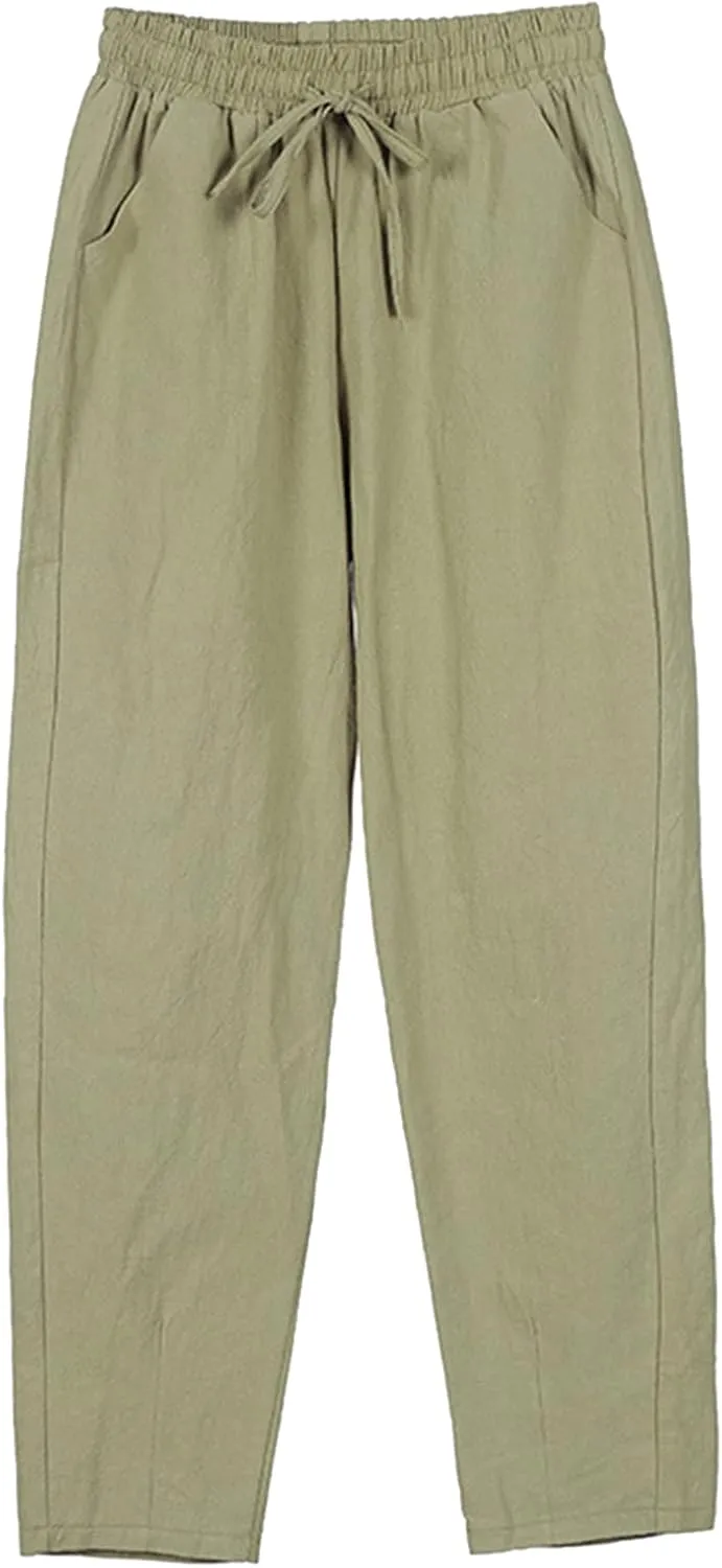 Baggy Linen Pants Waisted Cotton Palazzo Pants Wide Leg Long Pant Trousers Summer Fall Lounge Plain Drawstring