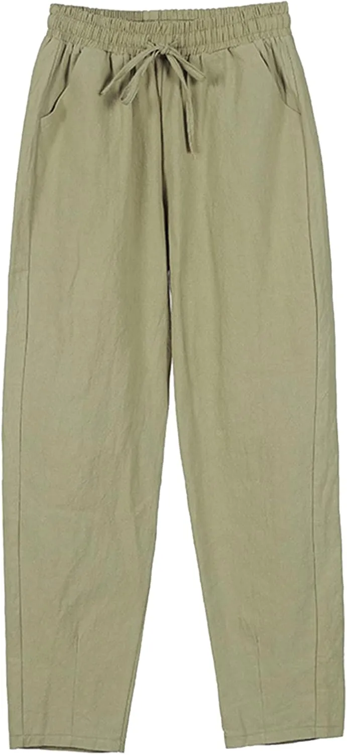Baggy Linen Pants Waisted Cotton Palazzo Pants Wide Leg Long Pant Trousers Summer Fall Lounge Plain Drawstring
