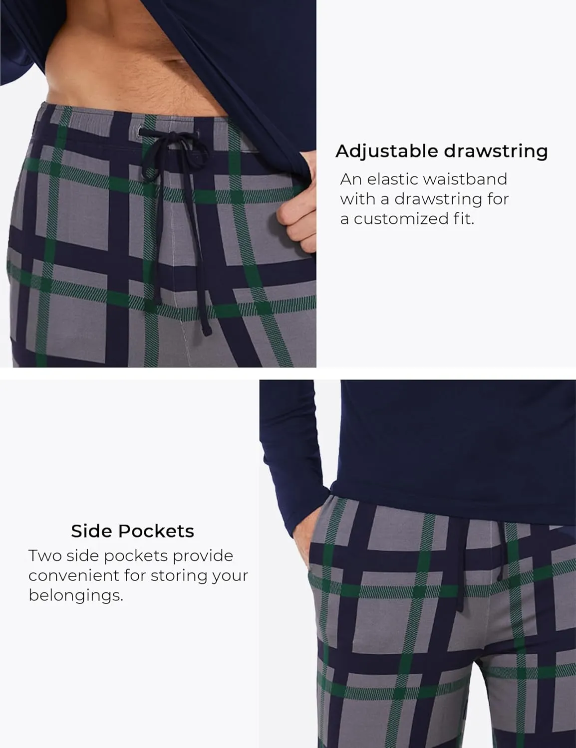 Bamboo Viscose Men's Pajama Sets Long Sleeve Plaid Loungewear Sets with Pockets