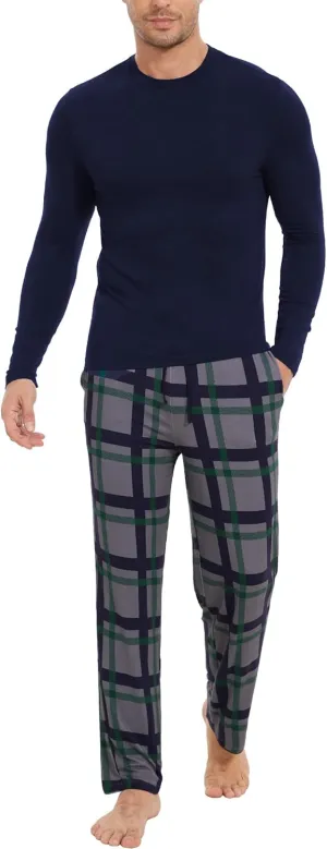 Bamboo Viscose Men's Pajama Sets Long Sleeve Plaid Loungewear Sets with Pockets
