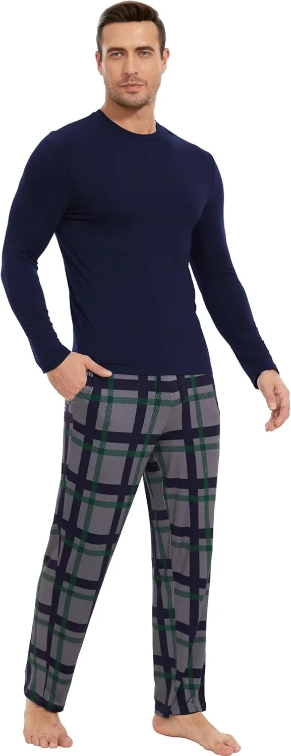 Bamboo Viscose Men's Pajama Sets Long Sleeve Plaid Loungewear Sets with Pockets
