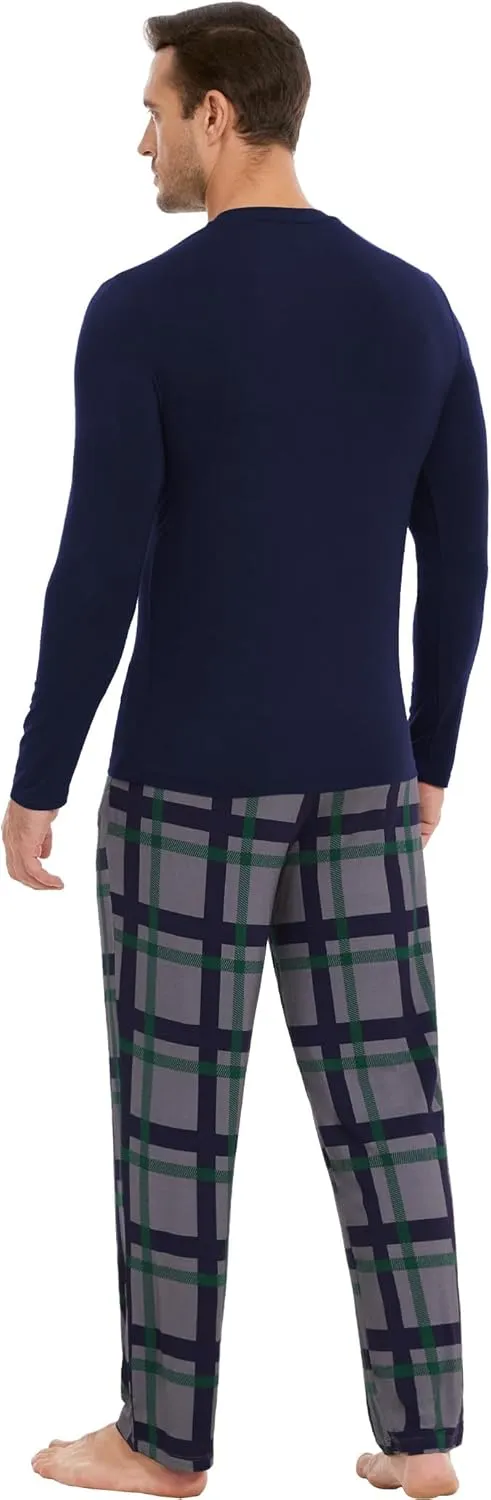 Bamboo Viscose Men's Pajama Sets Long Sleeve Plaid Loungewear Sets with Pockets