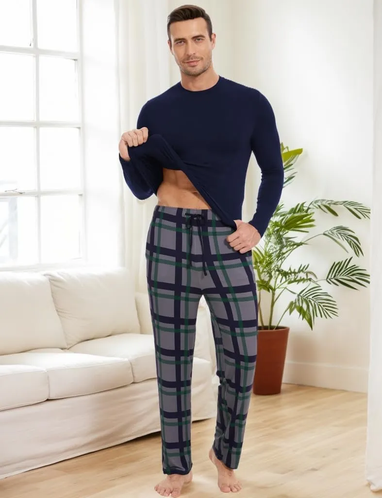 Bamboo Viscose Men's Pajama Sets Long Sleeve Plaid Loungewear Sets with Pockets
