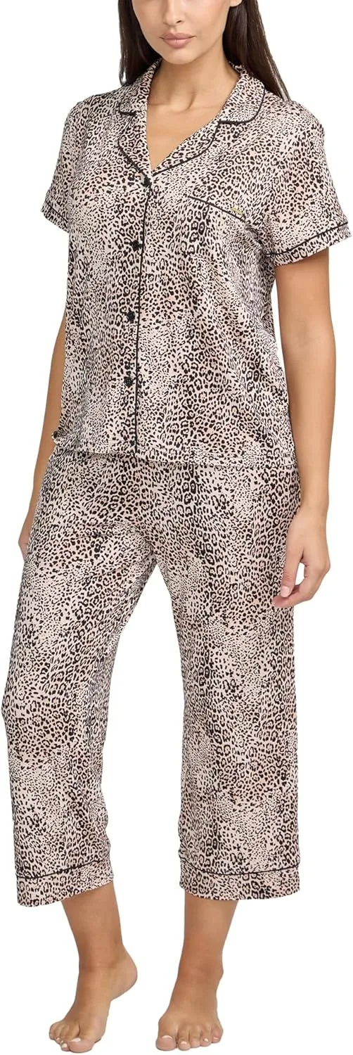 BCBGMAXAZRIA Women's Pajama Set Short Sleeve Notch Collar with Pants