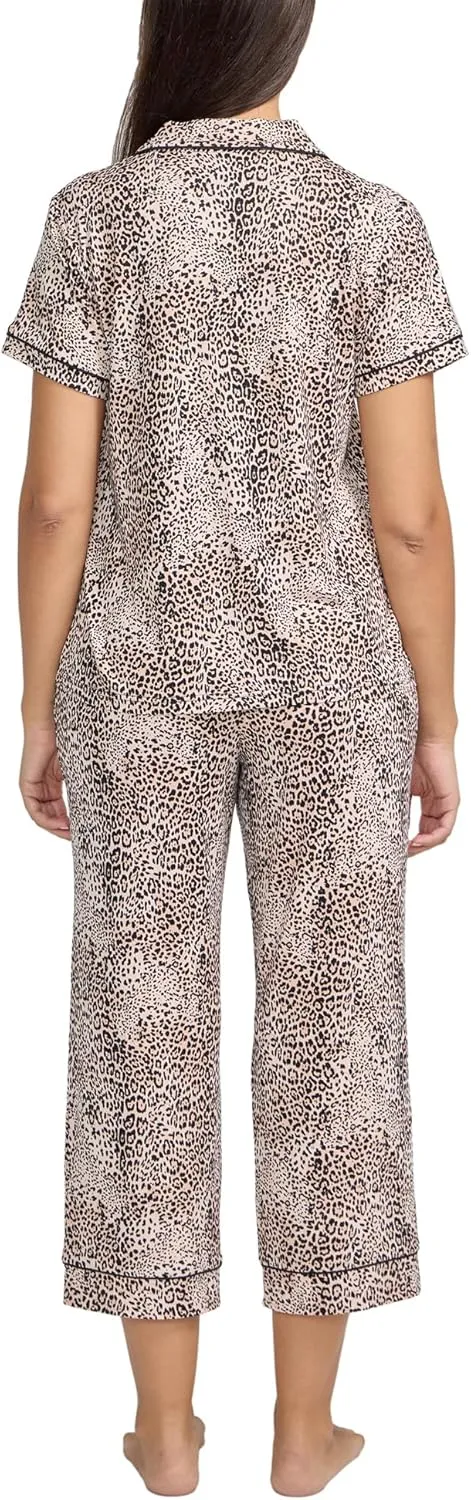 BCBGMAXAZRIA Women's Pajama Set Short Sleeve Notch Collar with Pants