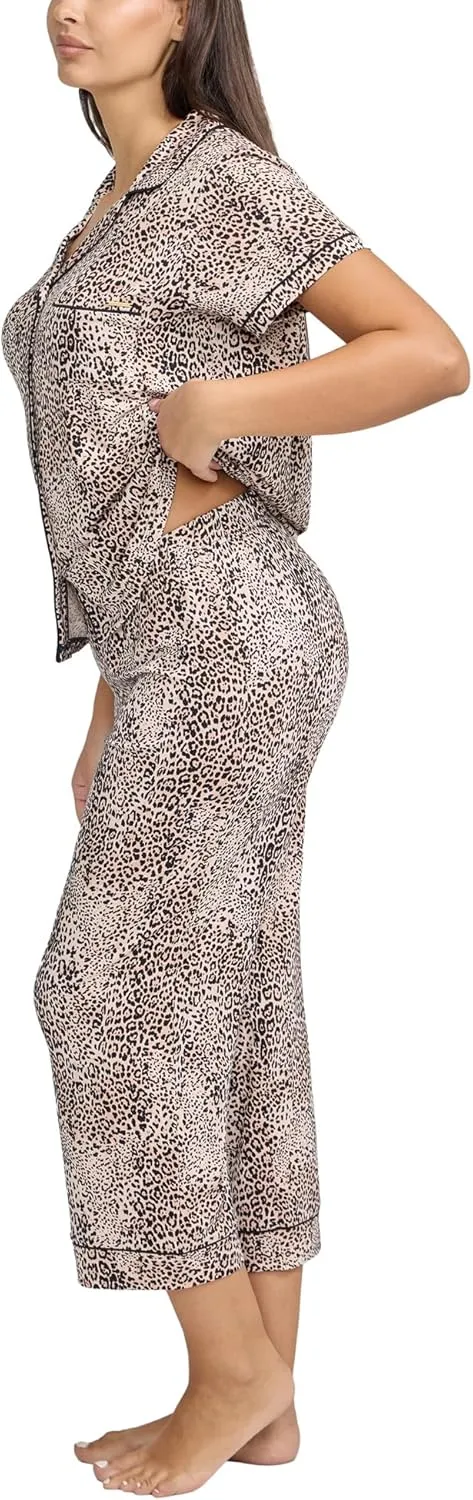 BCBGMAXAZRIA Women's Pajama Set Short Sleeve Notch Collar with Pants