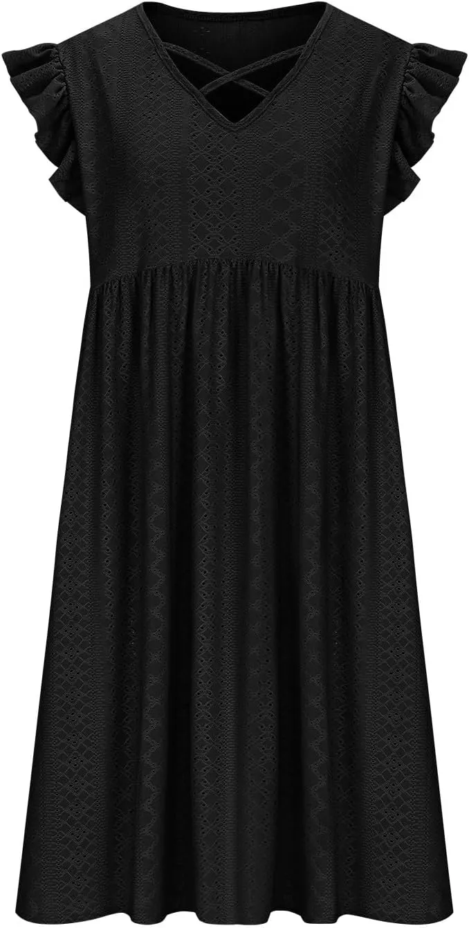 Beach Vacation Clothes for Women Summer Dress Casual V Neck Ruffle Short Sleeve Hollow Out Pleated Flowy Mini Dress