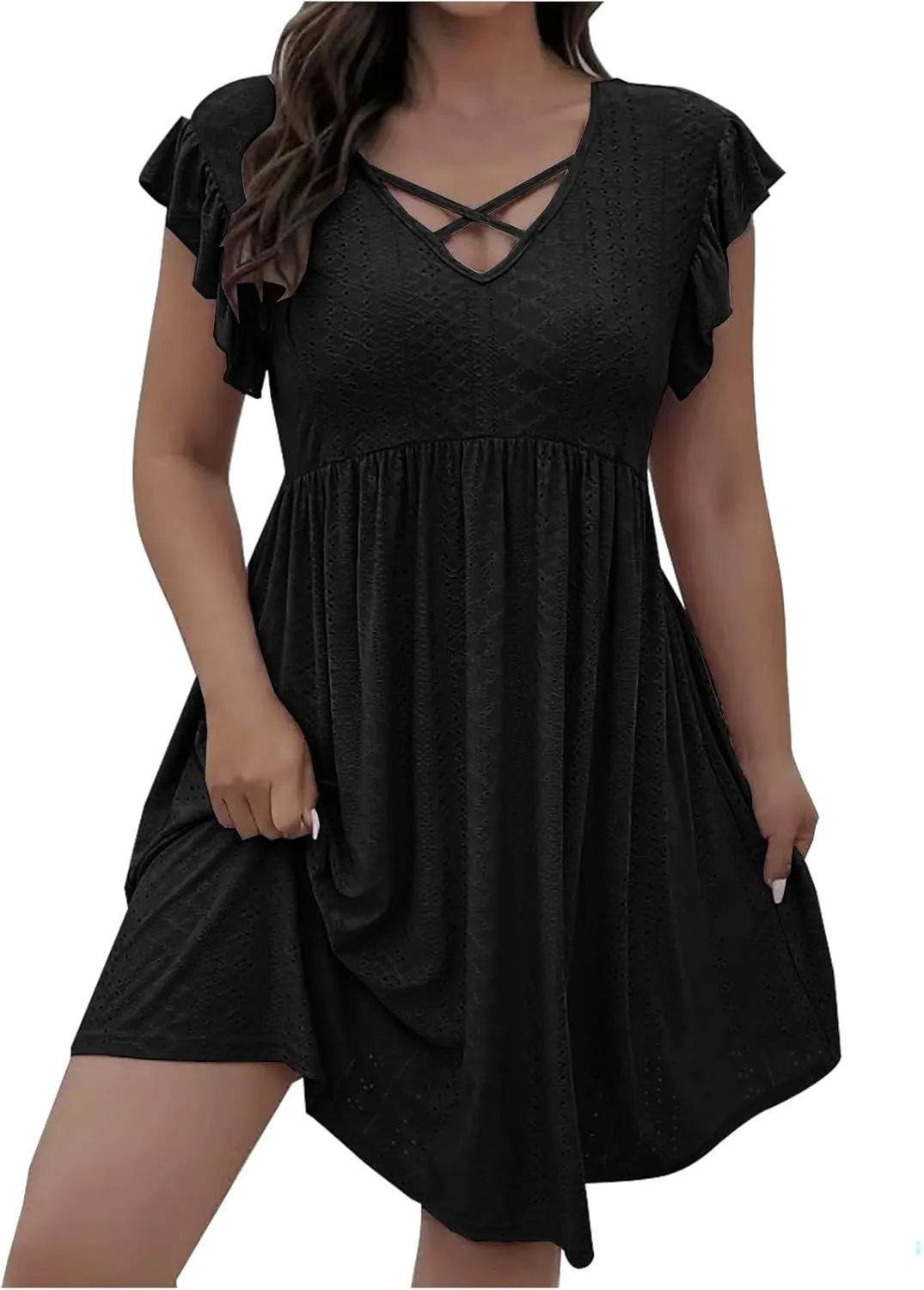Beach Vacation Clothes for Women Summer Dress Casual V Neck Ruffle Short Sleeve Hollow Out Pleated Flowy Mini Dress
