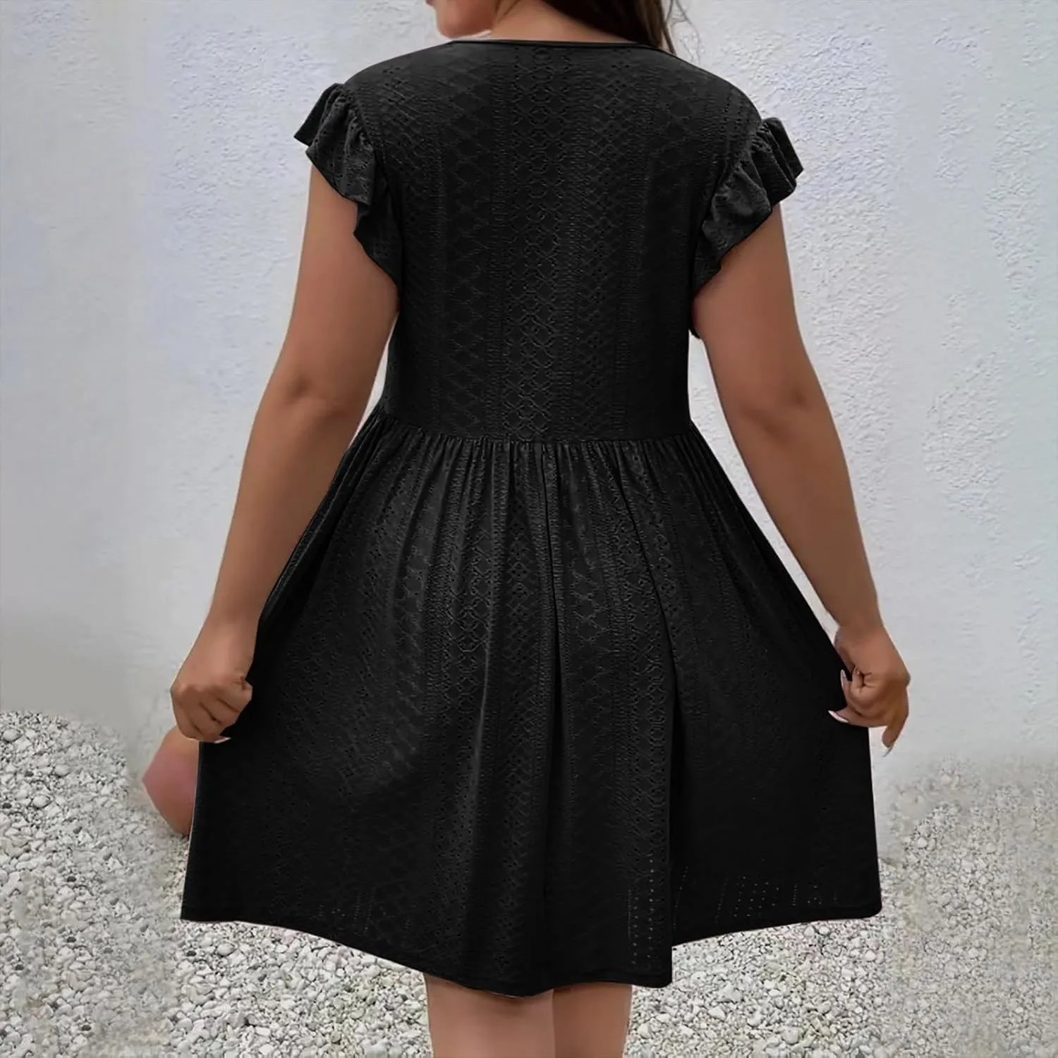Beach Vacation Clothes for Women Summer Dress Casual V Neck Ruffle Short Sleeve Hollow Out Pleated Flowy Mini Dress