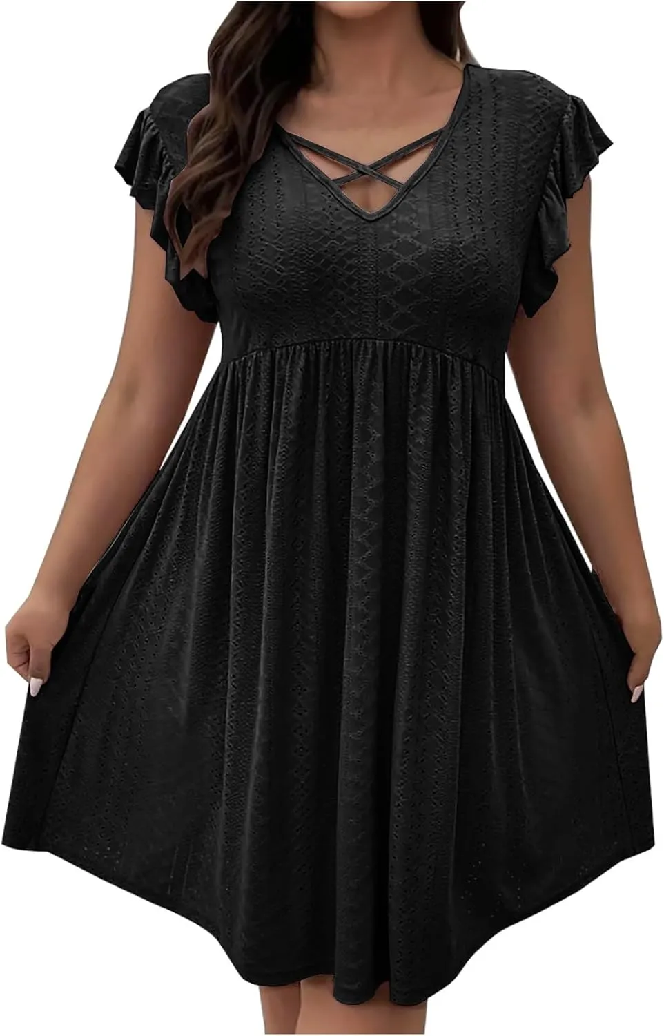 Beach Vacation Clothes for Women Summer Dress Casual V Neck Ruffle Short Sleeve Hollow Out Pleated Flowy Mini Dress