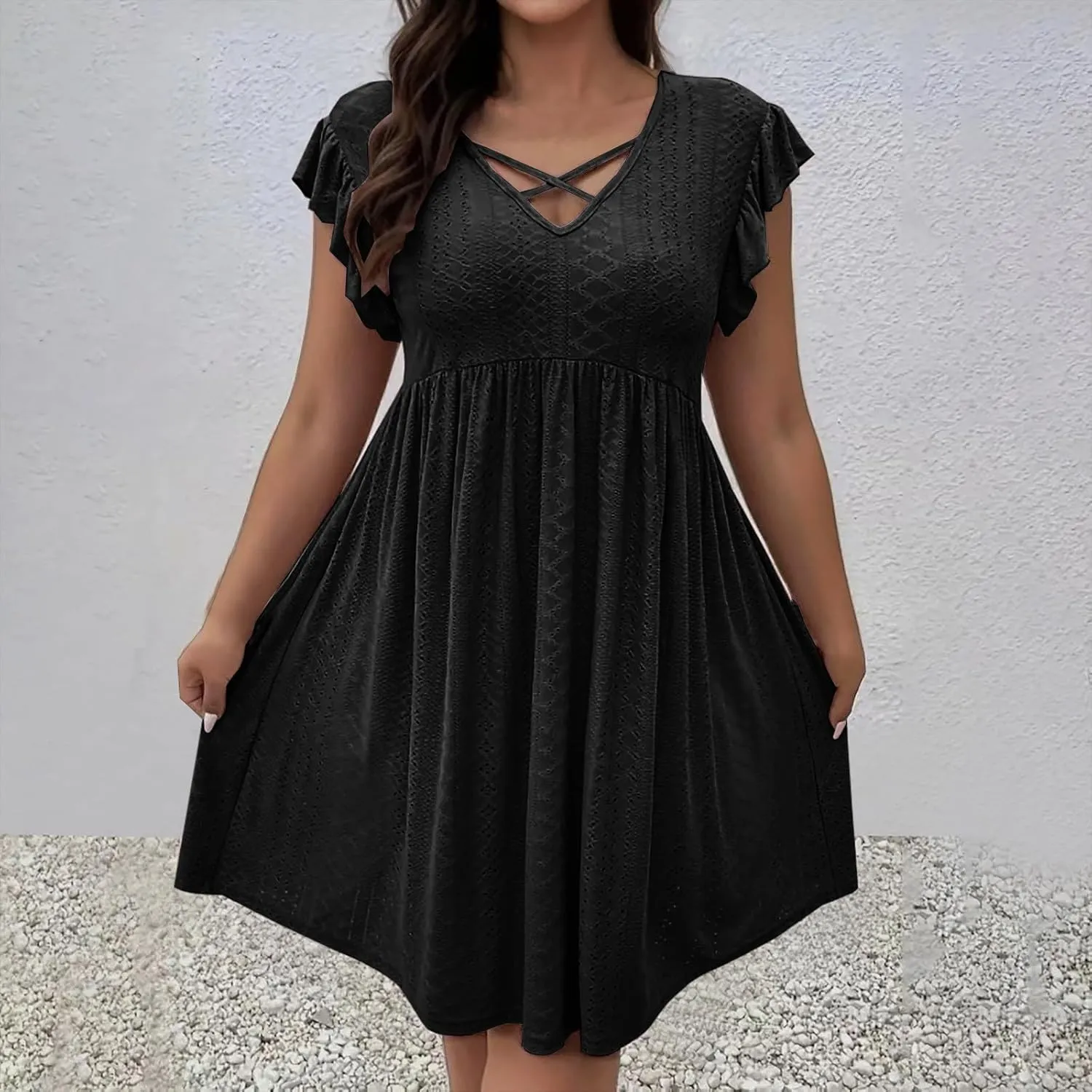 Beach Vacation Clothes for Women Summer Dress Casual V Neck Ruffle Short Sleeve Hollow Out Pleated Flowy Mini Dress