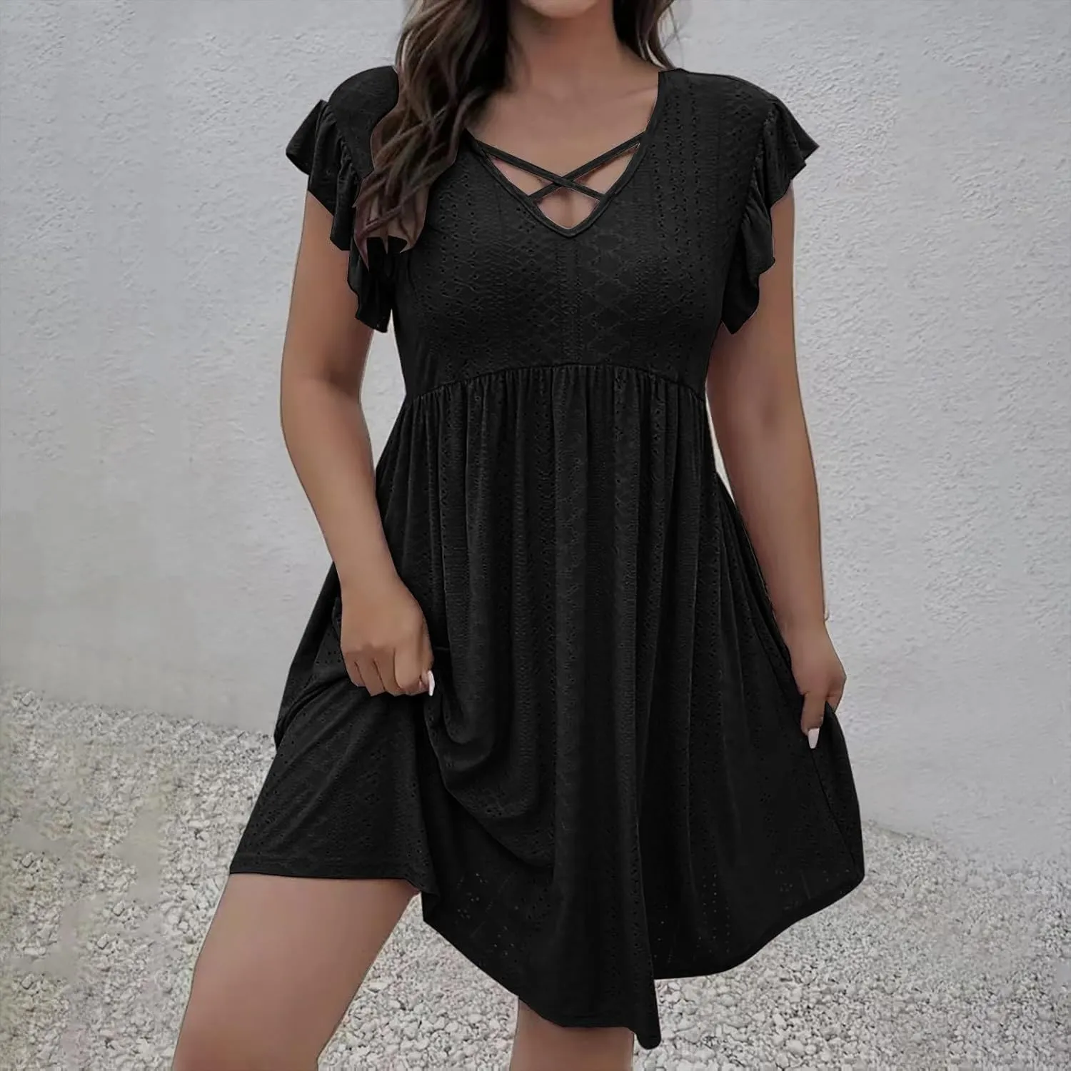 Beach Vacation Clothes for Women Summer Dress Casual V Neck Ruffle Short Sleeve Hollow Out Pleated Flowy Mini Dress