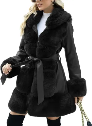 Bellivera Women's Wool Pea Coat Faux Fur Jacket Winter Warm Parka Overcoat with Belt