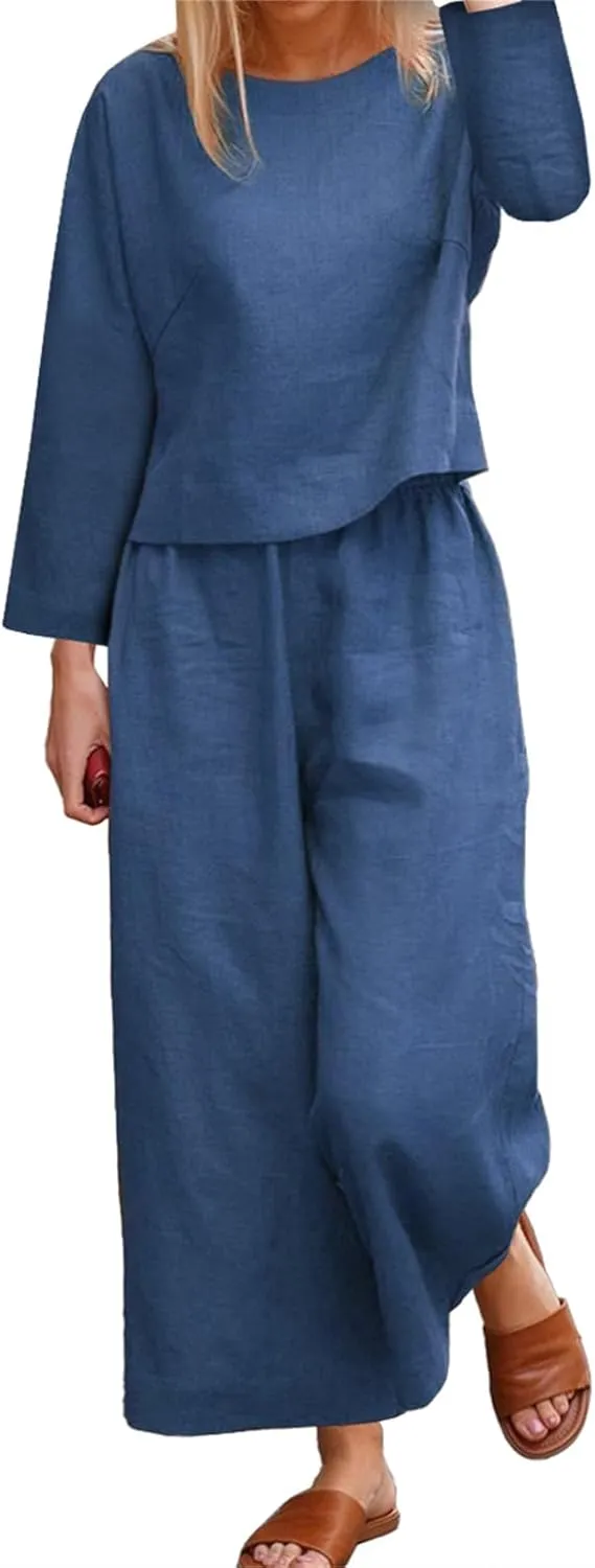 Betusline Women 2 Piece Outfits Lounge Matching Sets Linen Crewneck Short Long Sleeve Top Matching Pants Sets