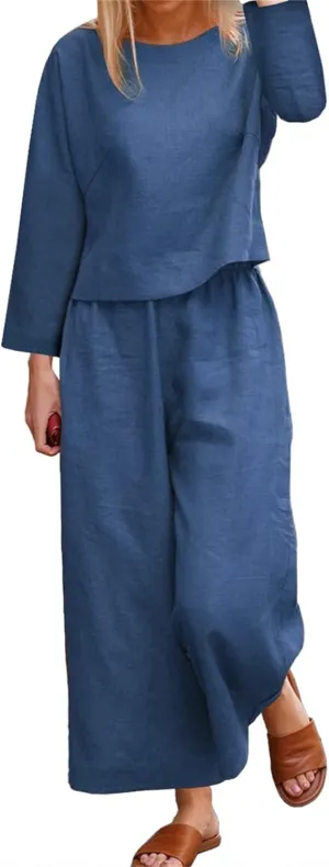 Betusline Women 2 Piece Outfits Lounge Matching Sets Linen Crewneck Short Long Sleeve Top Matching Pants Sets