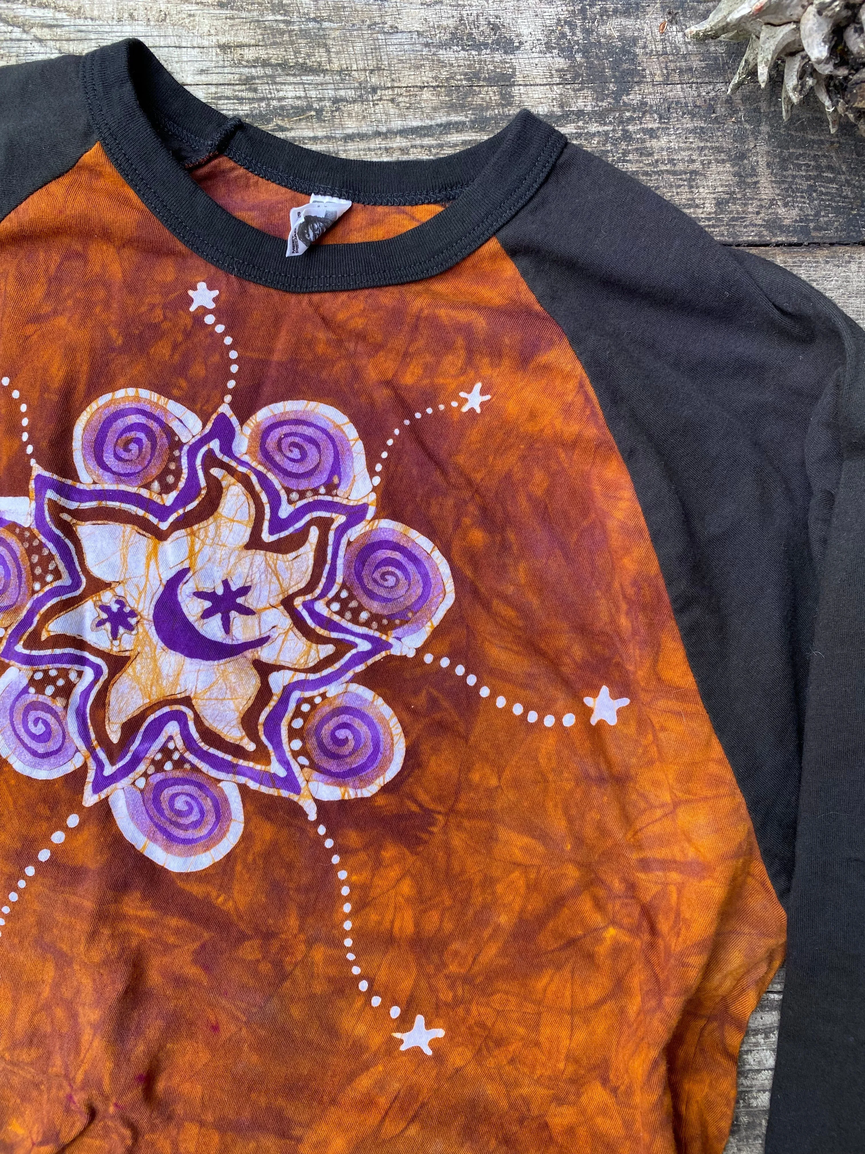 Big Sun Moon Star Swirls Black Raglan 3/4 Sleeve Batik Top - Size Large ONLY