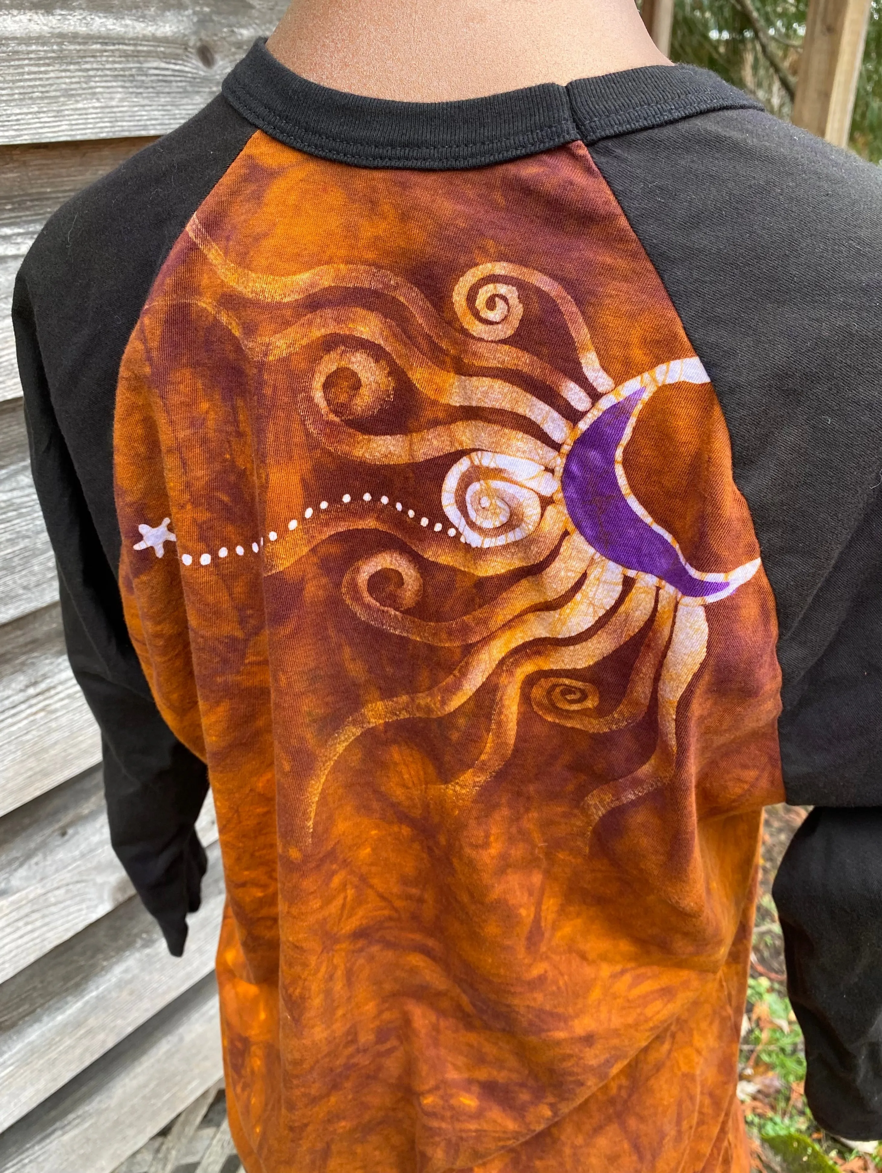 Big Sun Moon Star Swirls Black Raglan 3/4 Sleeve Batik Top - Size Large ONLY