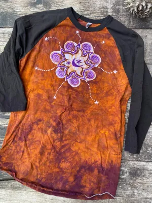Big Sun Moon Star Swirls Black Raglan 3/4 Sleeve Batik Top - Size Large ONLY