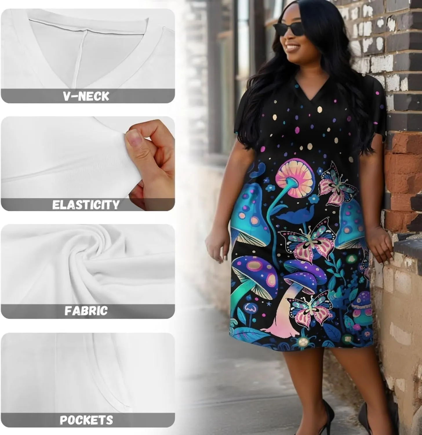 Biyejit Womens Plus Size Short Sleeve V Neck T-Shirt Dress with Pockets Casual Loose T-Shirt Dress for Beach Vacation