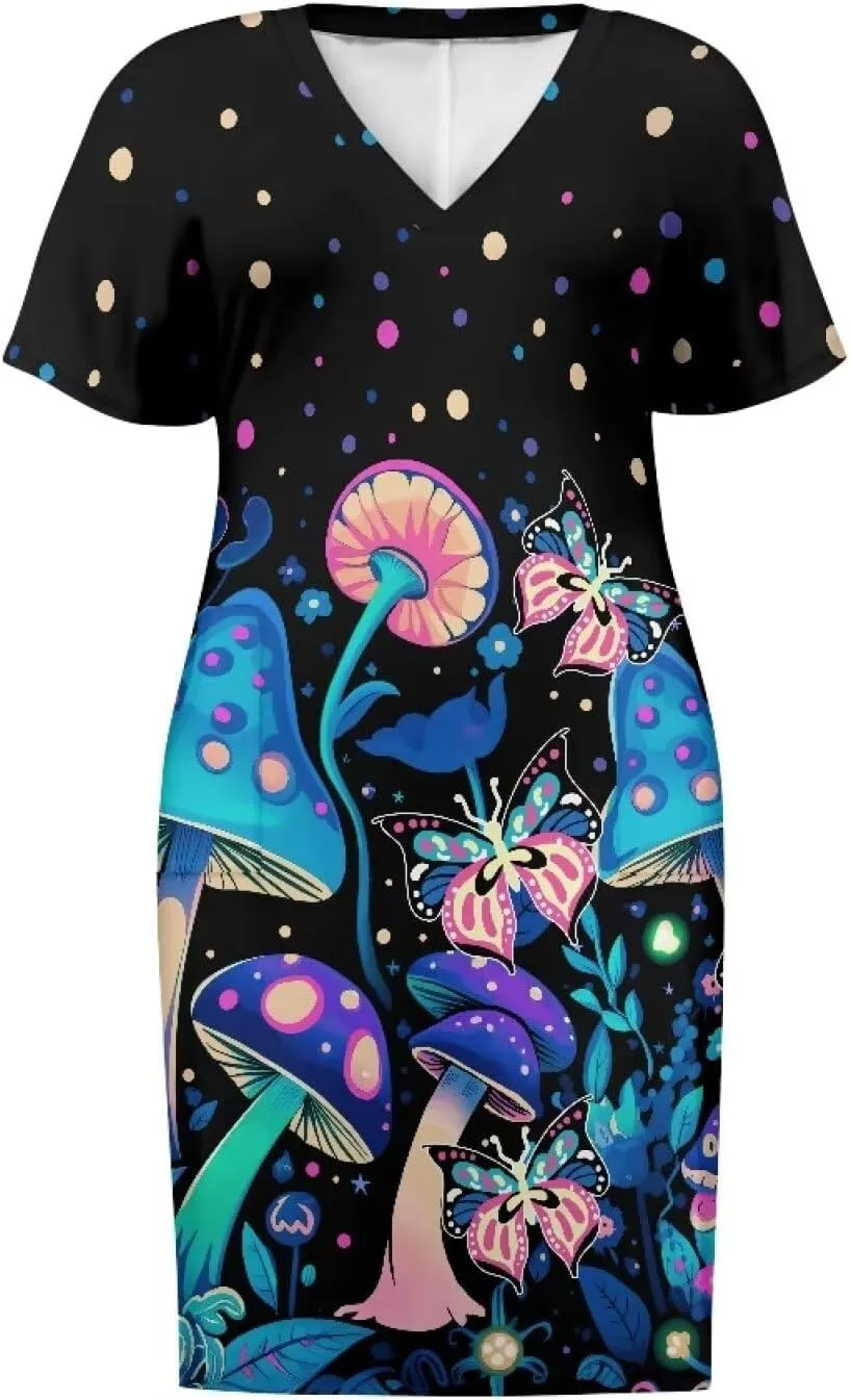 Biyejit Womens Plus Size Short Sleeve V Neck T-Shirt Dress with Pockets Casual Loose T-Shirt Dress for Beach Vacation