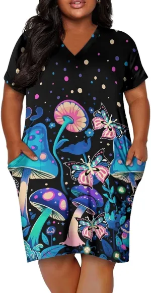 Biyejit Womens Plus Size Short Sleeve V Neck T-Shirt Dress with Pockets Casual Loose T-Shirt Dress for Beach Vacation