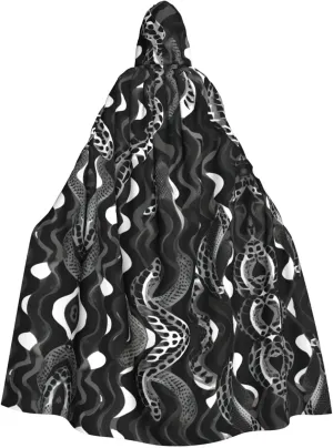 Black White Snake Skin Pattern Print Hooded Cloak Wizard Cape Halloween Witch Costume For Men Women Cosplay Party Capes