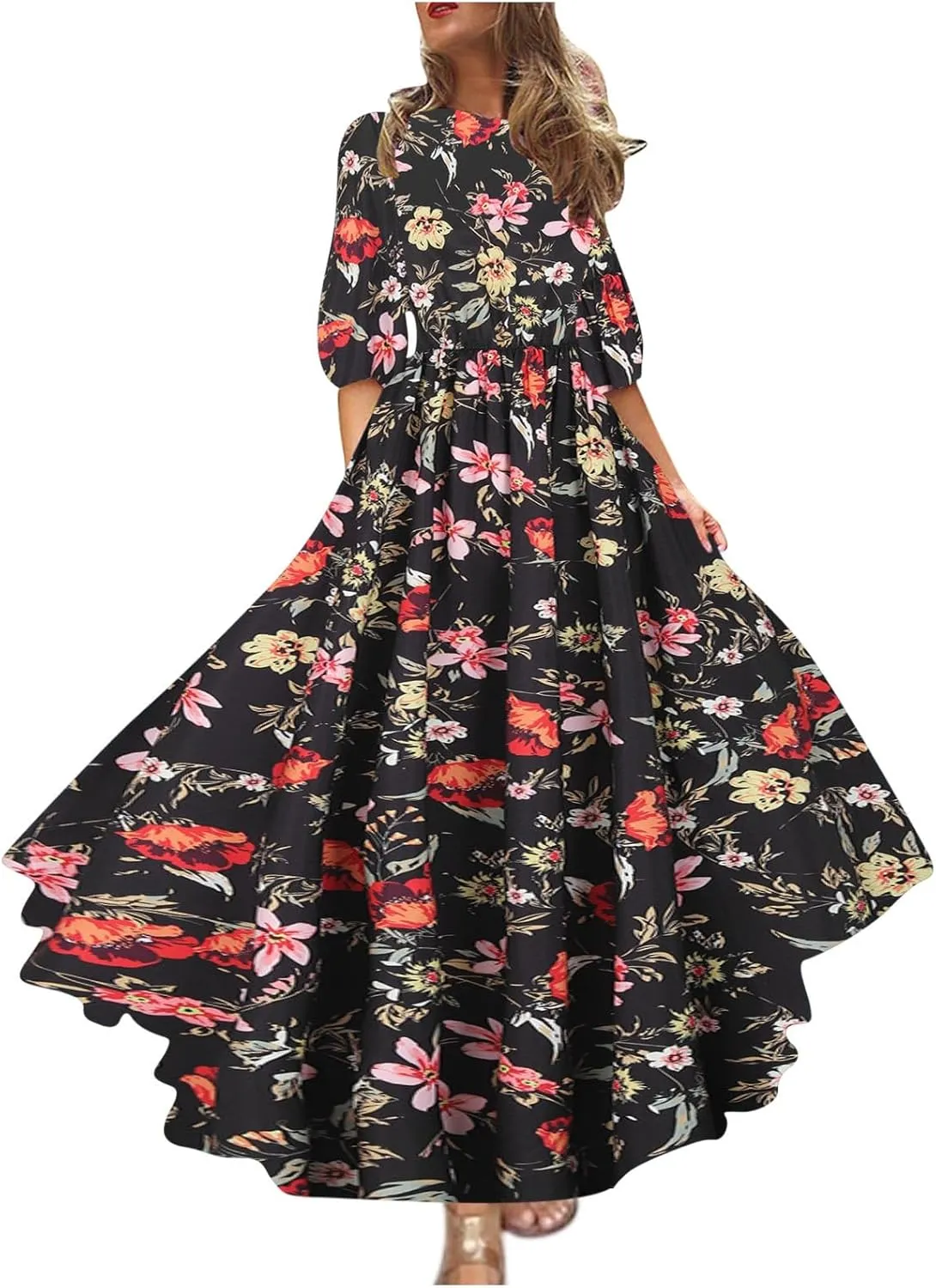 Boho Dresses for Women 2024 Crewneck Puff Short Sleeve Floral Maxi Dress Summer 2024 Trendy Beach Vacation Sundress