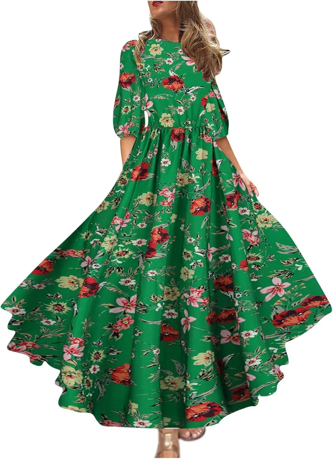 Boho Dresses for Women 2024 Crewneck Puff Short Sleeve Floral Maxi Dress Summer 2024 Trendy Beach Vacation Sundress