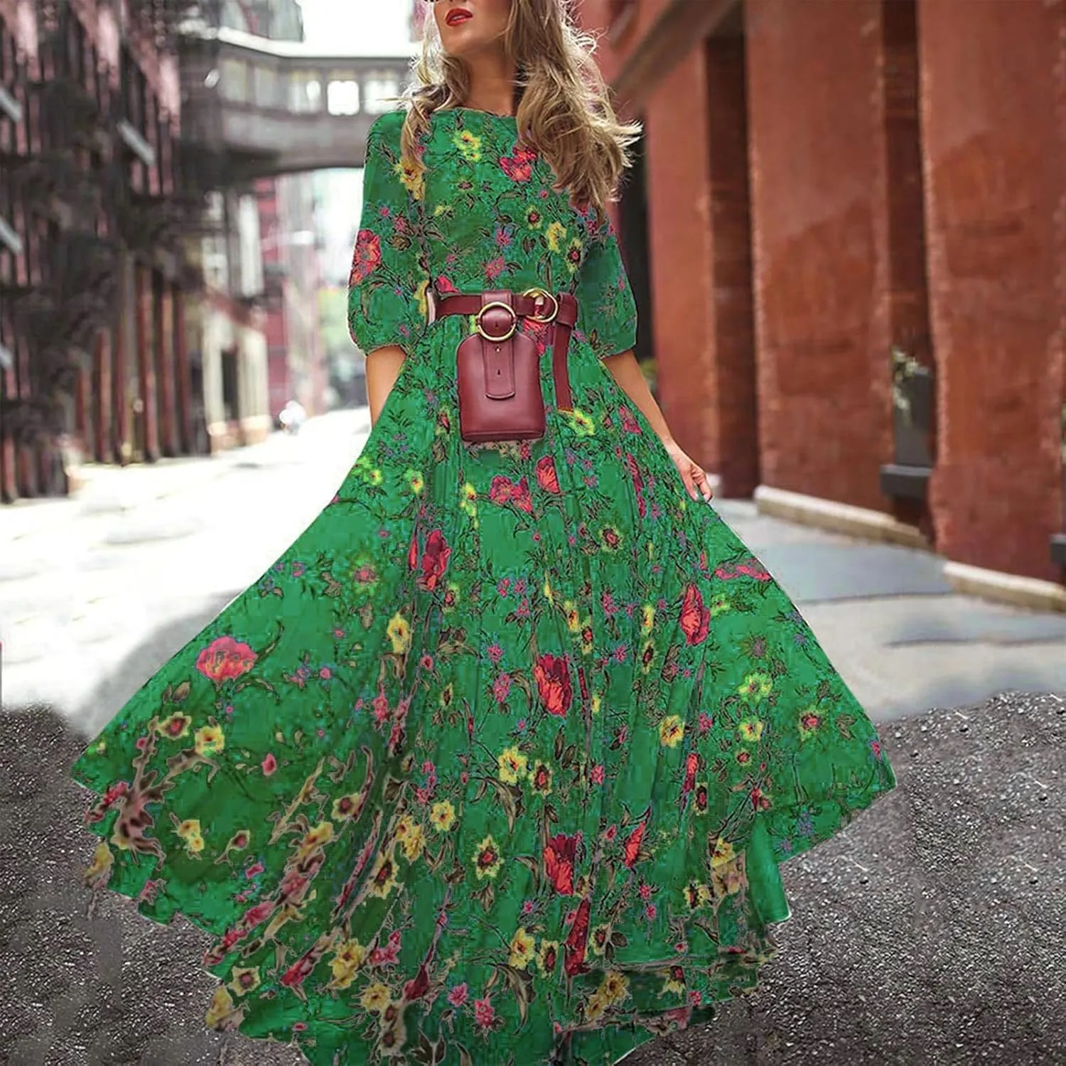 Boho Dresses for Women 2024 Crewneck Puff Short Sleeve Floral Maxi Dress Summer 2024 Trendy Beach Vacation Sundress