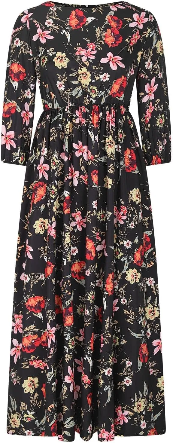Boho Dresses for Women 2024 Crewneck Puff Short Sleeve Floral Maxi Dress Summer 2024 Trendy Beach Vacation Sundress