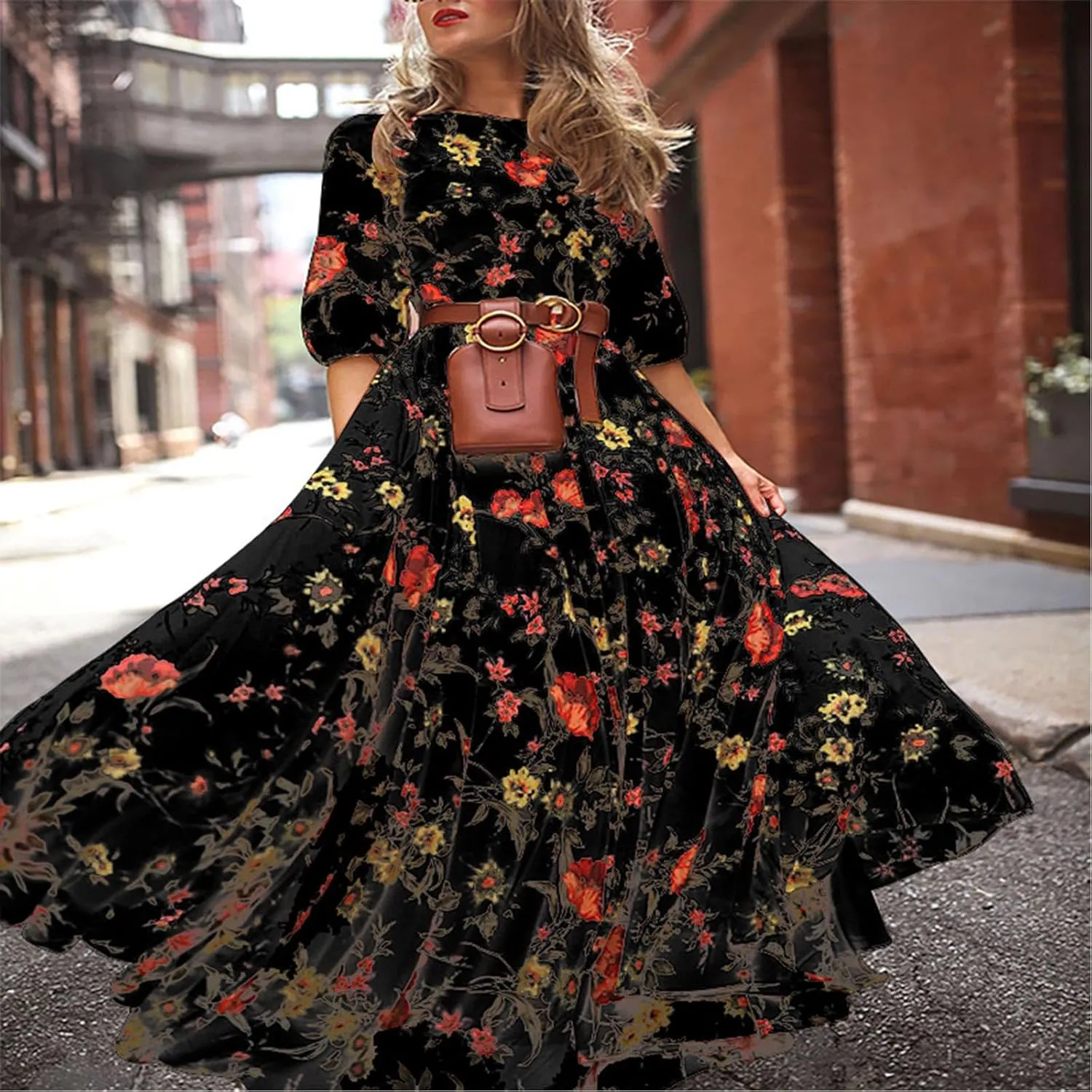 Boho Dresses for Women 2024 Crewneck Puff Short Sleeve Floral Maxi Dress Summer 2024 Trendy Beach Vacation Sundress
