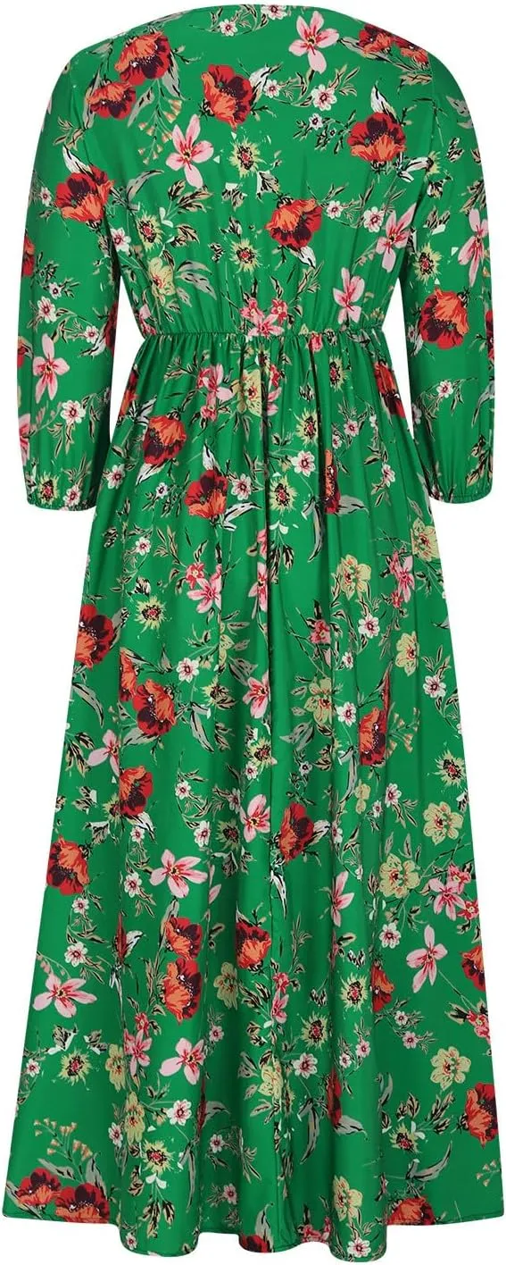 Boho Dresses for Women 2024 Crewneck Puff Short Sleeve Floral Maxi Dress Summer 2024 Trendy Beach Vacation Sundress