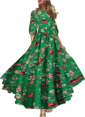 Boho Dresses for Women 2024 Crewneck Puff Short Sleeve Floral Maxi Dress Summer 2024 Trendy Beach Vacation Sundress