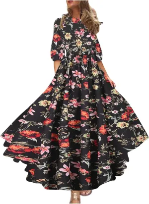 Boho Dresses for Women 2024 Crewneck Puff Short Sleeve Floral Maxi Dress Summer 2024 Trendy Beach Vacation Sundress