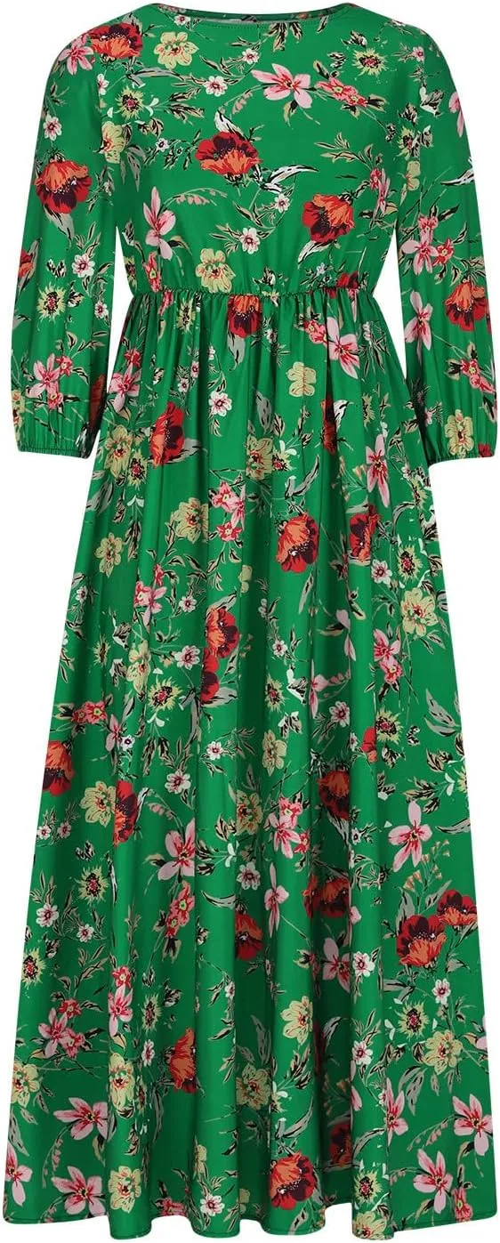Boho Dresses for Women 2024 Crewneck Puff Short Sleeve Floral Maxi Dress Summer 2024 Trendy Beach Vacation Sundress
