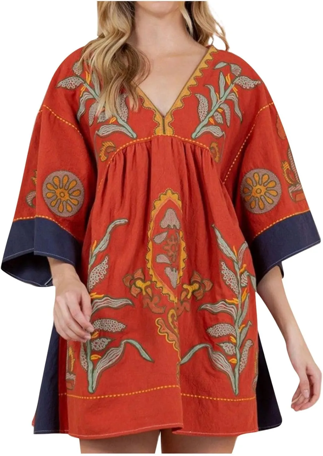 Boho Dresses for Women 2024 Fashion 3/4 Sleeve V Neck Bohemian Dress Causal Floral Print Pleated Oversized Mini Dress