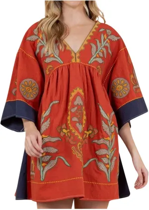 Boho Dresses for Women 2024 Fashion 3/4 Sleeve V Neck Bohemian Dress Causal Floral Print Pleated Oversized Mini Dress