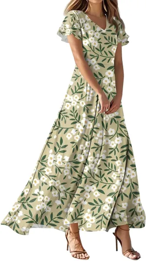 Boho Dresses for Women 2025 Floral Maxi Dress - Short Sleeve Summer Wedding Guest Dress Empire Waist Modest Midi Dresses