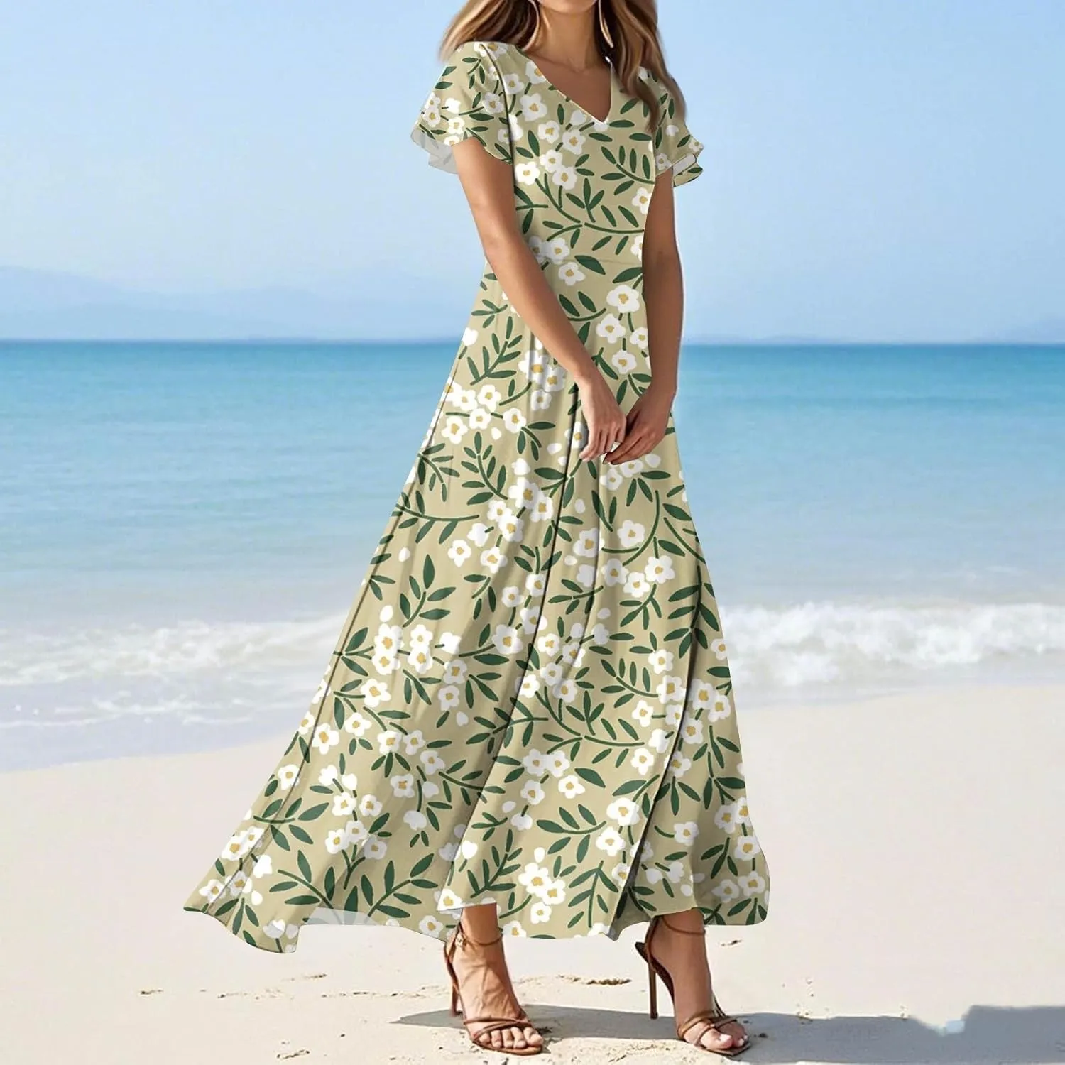 Boho Dresses for Women 2025 Floral Maxi Dress - Short Sleeve Summer Wedding Guest Dress Empire Waist Modest Midi Dresses
